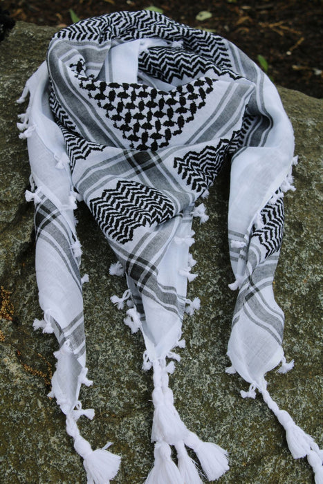 Traditional Keffiyeh Scarf-Black&White-With Tassels-Style2