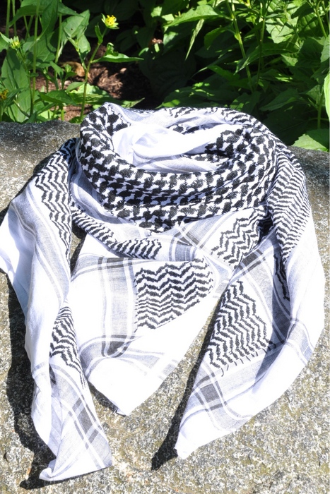 Traditional Keffiyeh Scarf-Black&White-No Tassels-Style2
