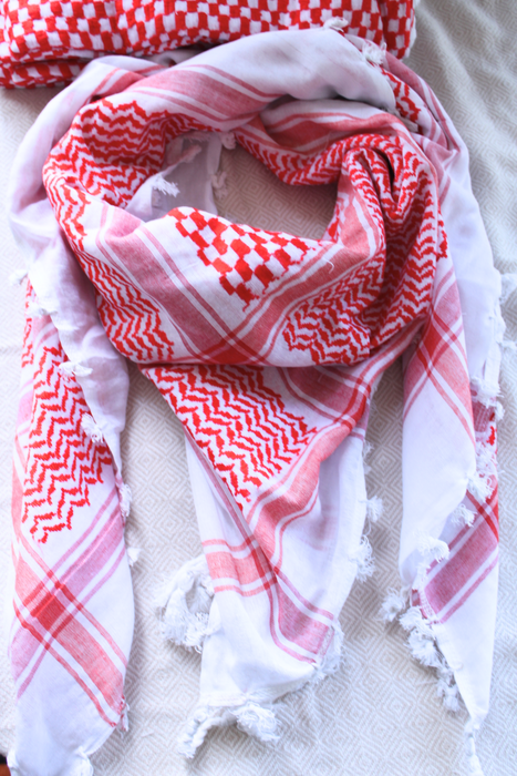 Traditional Keffiyeh Scarf-Red&White-With Tassels