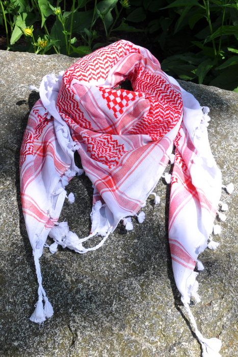 Traditional Keffiyeh Scarf-Red&White-With Tassels