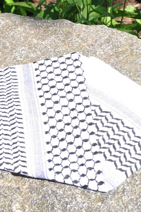 fishnet, olive leaves and solid line keffieyeh scarf
