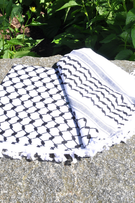Traditional Keffiyeh Scarf-Black&White-With Tassels-Style1