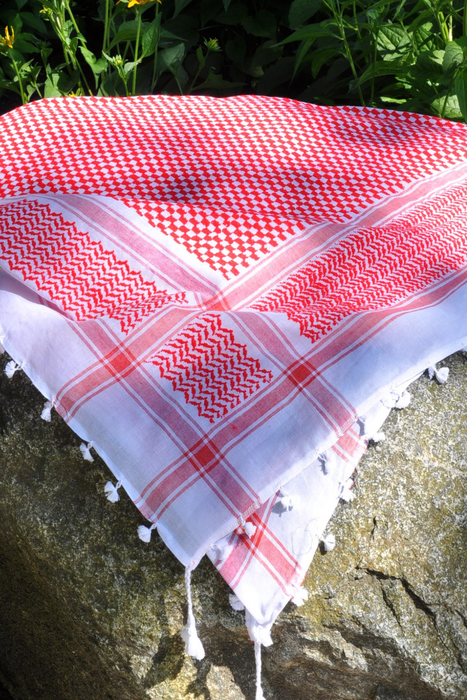 This handwoven red and white Keffiyeh features elegant tassels, offering a striking combination of tradition and contemporary fashion. Perfect for cultural expression.

