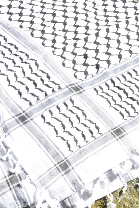 Traditional Keffiyeh Scarf-Black&White-With Tassels-Style1
