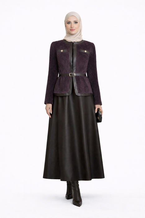 Premium Faux Fur & Leather Ensemble - Aubergine Brown