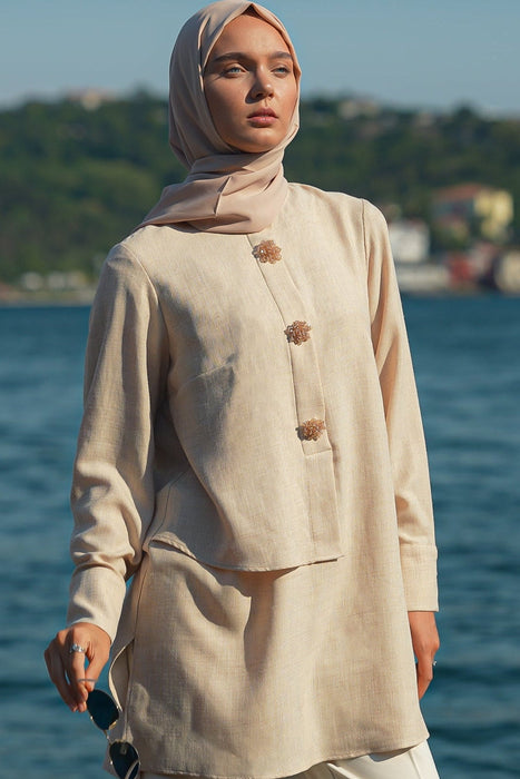 Brooch Accent Tunic In Misted Gold