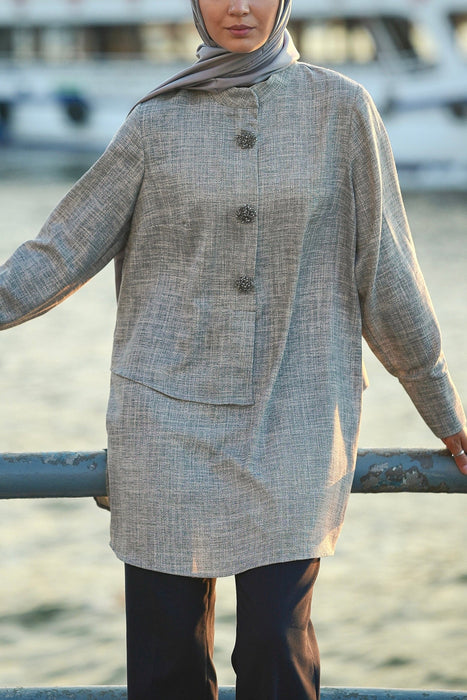 Brooch Accent Tunic In Dusky Sea