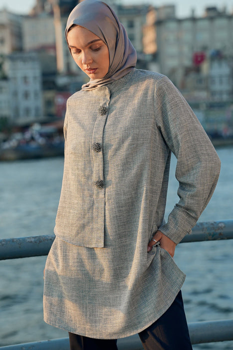 Brooch Accent Tunic In Dusky Sea