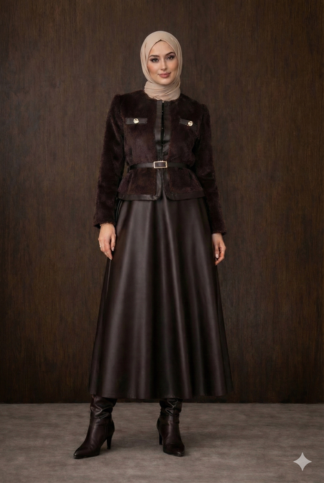 Premium Faux Fur & Leather Ensemble - Aubergine Brown