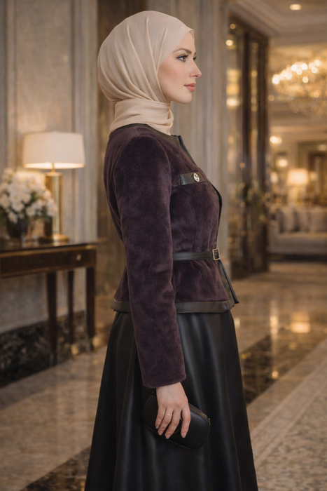 Premium Faux Fur & Leather Ensemble - Aubergine Brown