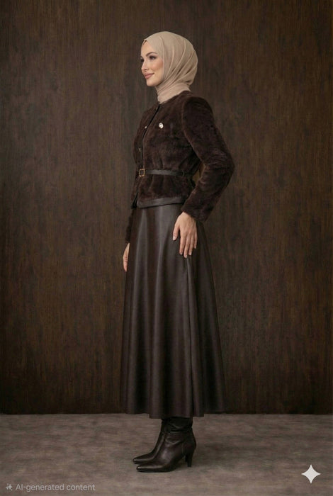 Premium Faux Fur & Leather Ensemble - Aubergine Brown