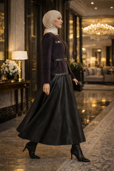 Premium Faux Fur & Leather Ensemble - Aubergine Brown