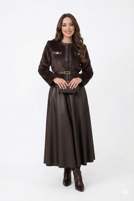 Premium Faux Fur & Leather Ensemble - Aubergine Brown