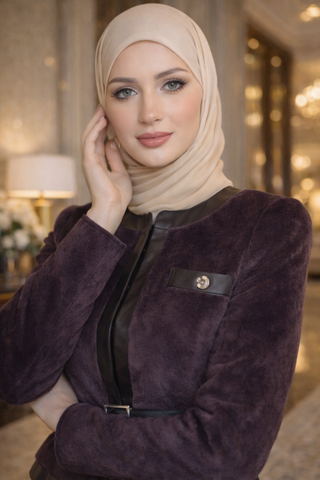 Premium Faux Fur & Leather Ensemble - Aubergine Brown